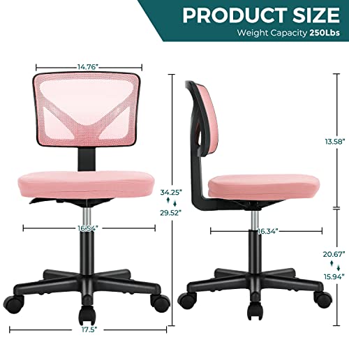Vanity Swivel Armless Desk Chairs with Wheels, Ergonomic Adjustable Home Office Rolling Task Chair, Comfy Mesh Mid Back