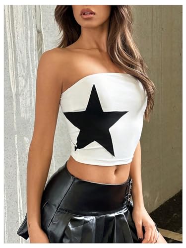 Floerns Women's Sleeveless Strapless Bandeau Star Print Color Block Cropped Tube Tops