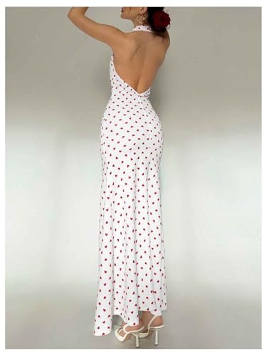 Women's Polka Dots Halter Dress High Split Deep V Neck Backless Bodycon Maxi 3D Flower Dresses