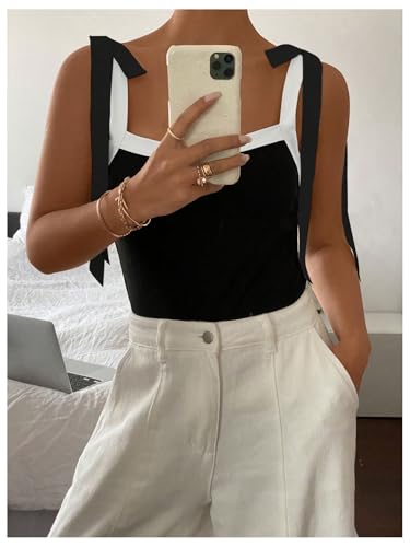 Women's Coquette Bow Tie Shoulder Tank Tops Backless Fitted Crop Tops