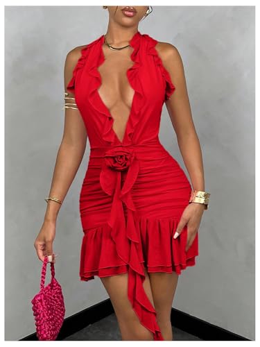 Women's 3D Floral Ruffle Mesh Halter Sleeveless Tie Backless Ruched Bodycon Mini Dress