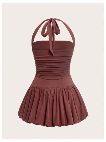 Women's Bubble Mini Dress Halter Backless Ruched Y2K Short Sundress with Built-in Shorts