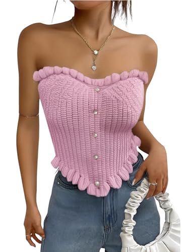 Women's Pearl Strapless Tops Summer Asymmetrical Tube Tops