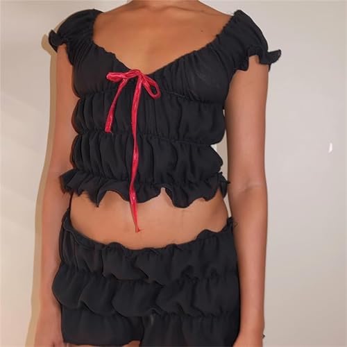 Women's Sexy Ruffle 2 Piece Sets Short Sleeve Bow Tie Front Crop Tops and Smocked Ruched Shorts Loungewear