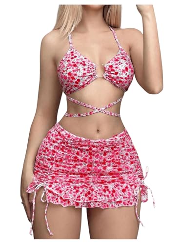 Women's 3 Piece Swimsuits Floral Criss Cross Halter Thong Bikini Sets Bathing Suit with Cover Up Ruffle Skirts