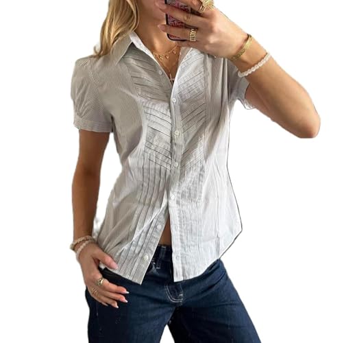 Y2k Fairy Plaid Button Down T Shirts Women Short Sleeve V Neck Aesthetic Tee Shirts Slim Fit Gingham Crop Top