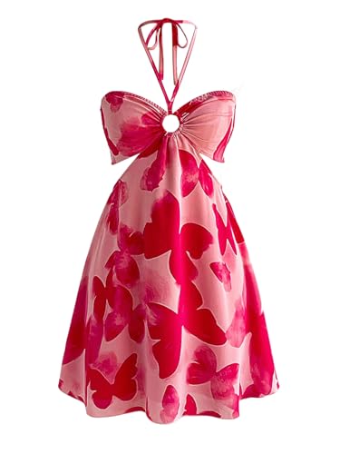 Women's Floral Halter Neck Vacation Dress Sleeveless Cut Out Boho Cami Dress