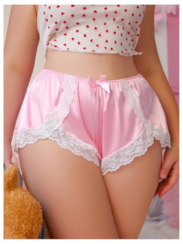 Women's Plus Size Satin Panty Brief Bow Front Lace Trim Breathable Silky Underwear