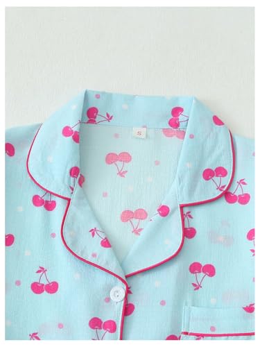 Women's Cherry Print Pajama Set Coquette Bow Collar Button Down Short Sleeve Cute Pjs Shorts Set