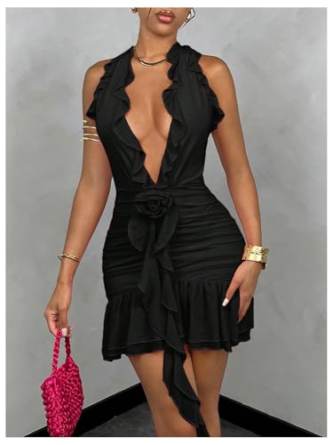 Women's 3D Floral Ruffle Mesh Halter Sleeveless Tie Backless Ruched Bodycon Mini Dress