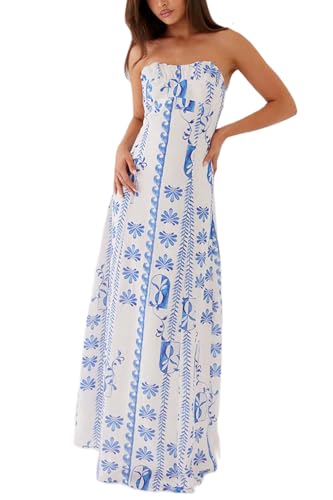 Women Y2k Floral Strapless Dress Sexy Backless Tube Maxi Dress Sleeveless Mesh Bodycon Long Dress