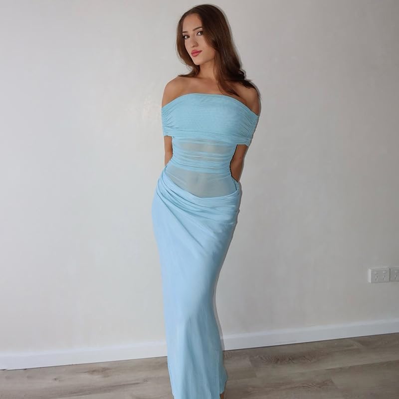 Women Off Shoulder Bodycon Maxi Dress Layered Mesh Ruched Hollow Out Dresses