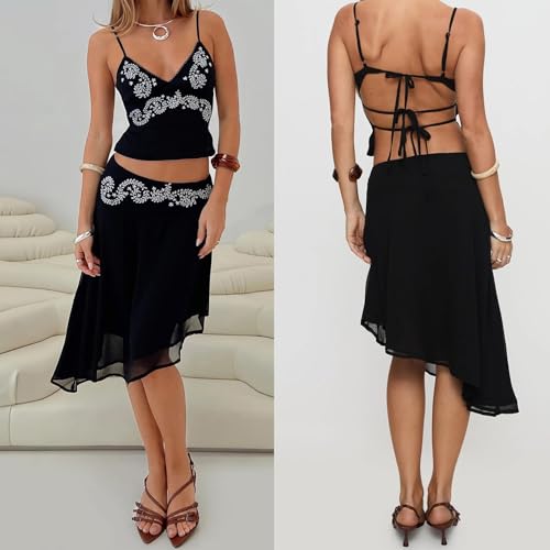 Midi-length Skirt Set for Women 2 Piece Outfit Boho Floral Print Crop Cami Sheer Mesh Irregular Midi Skirt Trendy