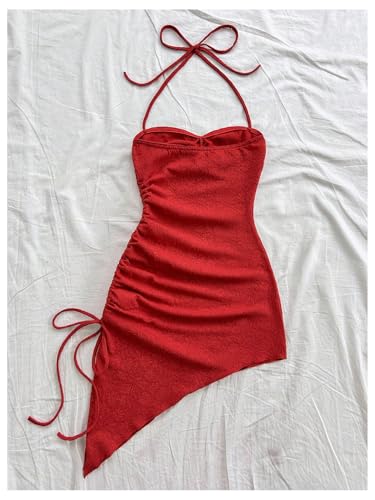 Women's Floral Print Halter Dress Sleeveless Drawstring Asymmetrical Hem Bodycon Dress