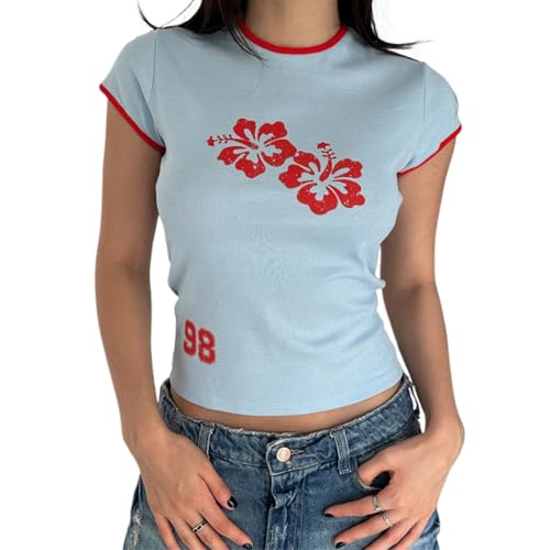 Women Hawaii Baby Tees Y2K Short Sleeve Crewneck Aesthetic Graphic Slim Fit Crop Tops