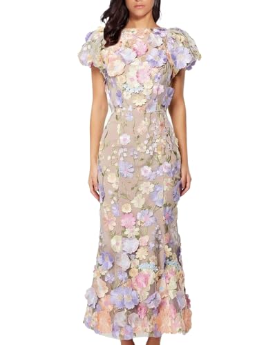 Women's 3D Floral Embroidery Dress Ruffle Sleeve Fishtail Lace Bodycon Party Cocktail Mixi Dress