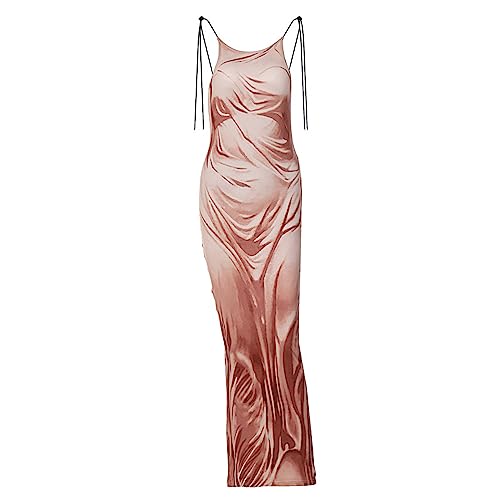 Women's Sexy Spaghetti Strap 3D Print Bodycon Maxi Dress Slim Fit Backless Summer Long Dresses