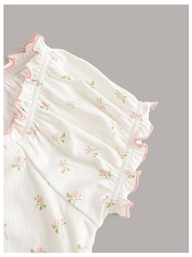 Women's Floral Puff Short Sleeve Sweetheart Neck Frilly Coquette Crop Top Tee