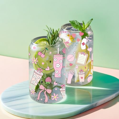 Cute 16oz Glass Cups with Lids and Straws, 2 Pack