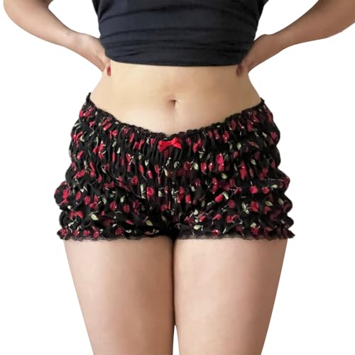 Womens Ruffle Bloomer Shorts Y2k Elastic Gingham Fruit Print Cute Frilly Lounge Sleep Pj Mini Micro Boy Shorts