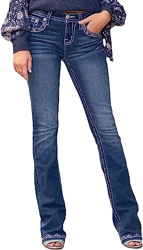 Women Bootcut Jeans, Stretchy Feather Flower Embroidery Mid Rise Slim Straight Leg Pants Jeans