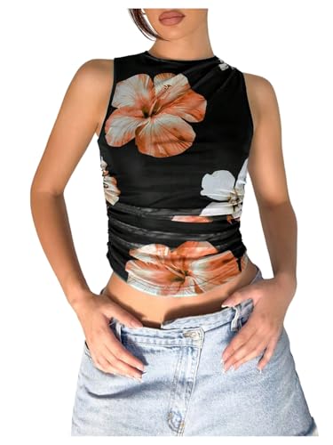 Women's Flower Print Mesh Top Sleeveless Mock Neck Ruched Tank Tops