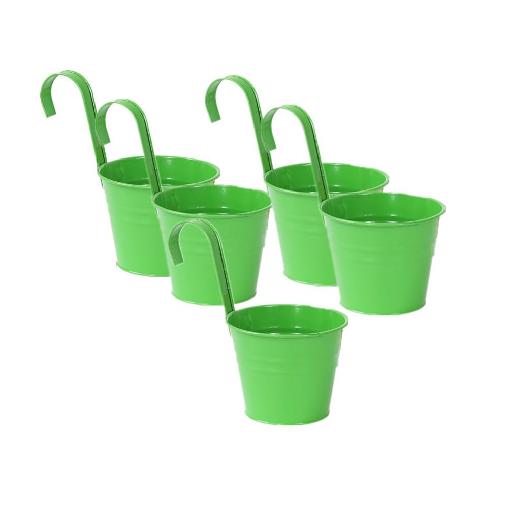 Hanging Flower Pots for Outdoor Indoor Plants with Removable Hooks -5 Pack Metal Buckets Plant Pots Wall Fence Home Decor-Storage Box,Drainage Holes -5''Diameter