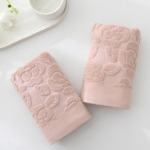 Rose Hand Towel Set of 2 Super Soft 100% Cotton Embossed Floral Pattern Highly Absorbent Decorative Bath Hand Towels for Bathroom 13x 29 Inch