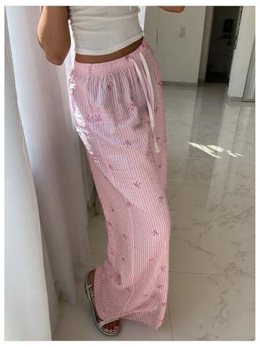 Women's Plus Size Striped Bow Print Pants Drawstring Waist Wide Leg Pants