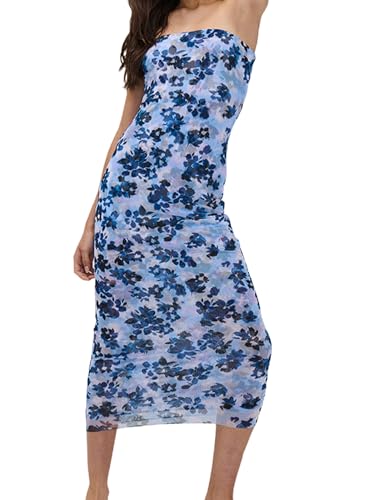 Women Floral Strapless Maxi Dress Sexy Bodycon Backless Tube Long Dress Summer Off Shoulder Cocktail Dresses