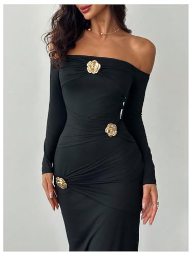Women's Flower Off The Shoulder Bodycon Maxi Dress Long Sleeve Ruched Dresses Wedding Guest Going Out Dress