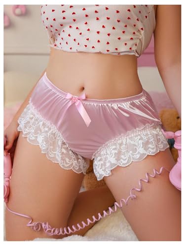 Women's Plus Size Satin Panty Brief Bow Front Lace Trim Breathable Silky Underwear