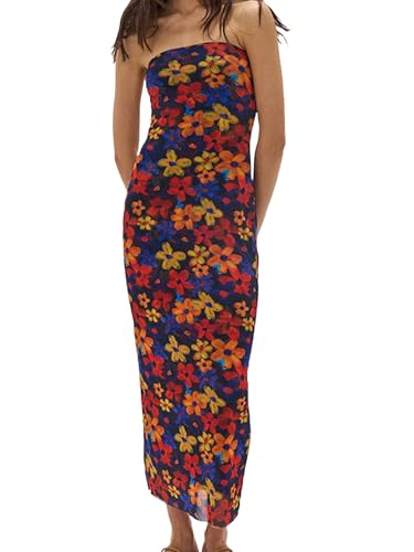 Women Floral Strapless Maxi Dress Sexy Bodycon Backless Tube Long Dress Summer Off Shoulder Cocktail Dresses