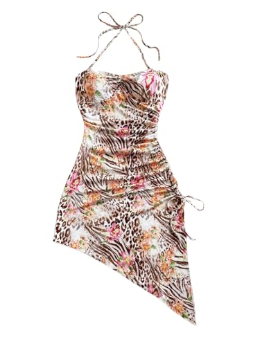 Floral Animal Print Halter Dress Sleeveless Drawstring Asymmetrical Hem Bodycon Dress