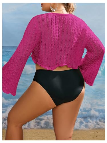 Women's Plus Size V Neck Long Flounce Sleeve Tie Front Knit Crop Cardigan