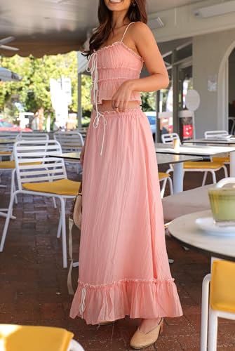 Women 2 Piece Outfits Y2k Sleeveless Lace Trim Cami Tops and Ruffle Ruched Maxi Skirt Matching Set