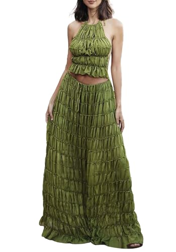 Skirt Sets Women 2 Piece Outfits Backless Halter Top And Pleated Ruffle Flowy Maxi Skirts Y2k Beach Vacation Set