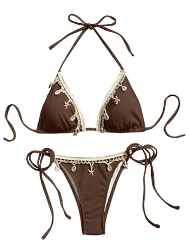 Women's 2 Piece Halter Triangle Bathing Suit Ribbed Bikini Swimsuits