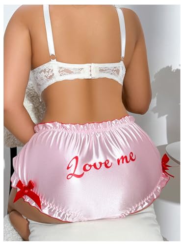 Women's Plus Size Satin Panty Brief Bow Front Lace Trim Breathable Silky Underwear