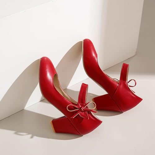 Women's Bow Mary Jane Dress Pumps Shoes Chunky Block High Heels Round Toe Shoes