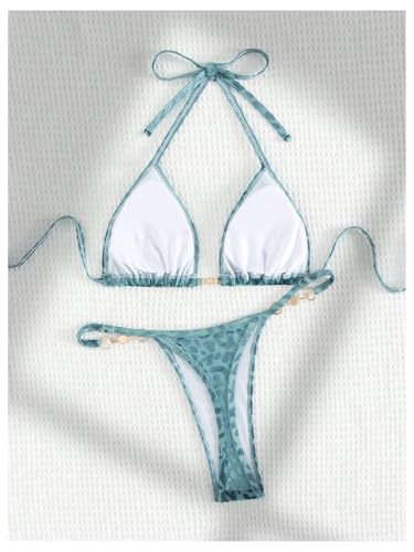 Women's 2 Piece Leopard Print Cheeky Triangle Bikini Sets Self Tie High Cut Swimsuit