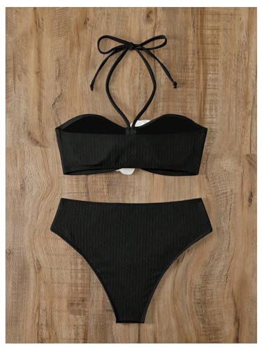 Women's 2 Piece Halter Swimsuit 3D Flower Appliques Bandeau Tummy Control Bikini Set