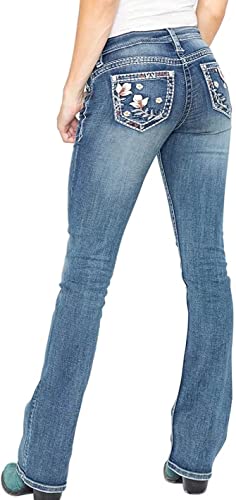 Women Bootcut Jeans, Stretchy Feather Flower Embroidery Mid Rise Slim Straight Leg Pants Jeans