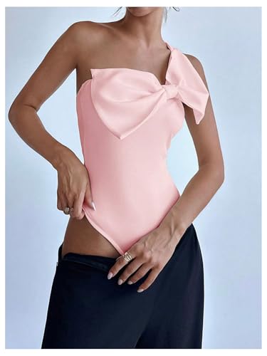 Women's One Shoulder Sleeveless Big Bow Front Elegant Fitted Tank Top Bodysuit