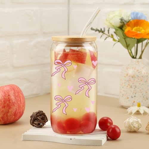 Cherry Bow Cup, Birthday Gifts for Women, Girly Gifts for Her, Sister, Mom, Colleague - 16 OZ Glass Tumbler with Straw & Lid, Coquette Iced Cup