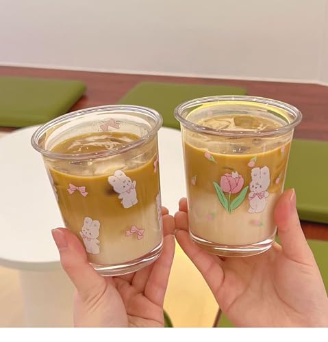 Set of 2 12 oz French Drinking Glasses Floral Juice Cup Cute Rabbit Bow Glass Cups