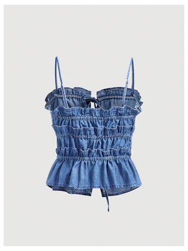 Women's Denim Tops Bow Tie Front Spaghetti Strap Camisole Tiered Ruffle Frill Trim Y2k Tank