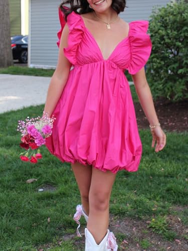 Summer Mini Deep V-Neck Babydoll Dress â€?Backless Lace-Up Sexy Bubble Dress