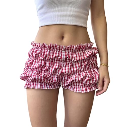 Womens Ruffle Bloomer Shorts Y2k Elastic Gingham Fruit Print Cute Frilly Lounge Sleep Pj Mini Micro Boy Shorts
