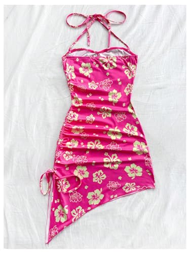 Women's Floral Print Halter Dress Sleeveless Drawstring Asymmetrical Hem Bodycon Dress